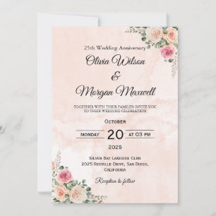 Convite de Casamento Aniversário Floral Rosa Elega