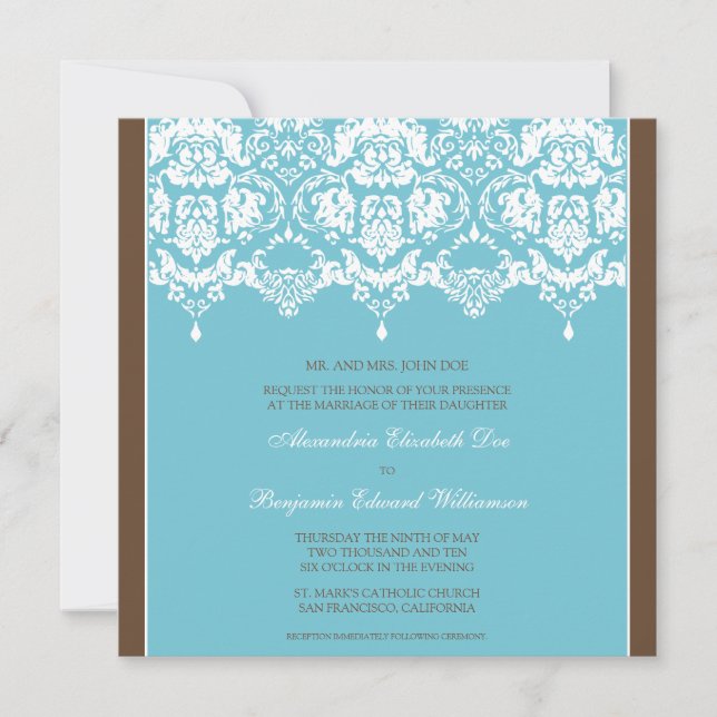 Convite de Casamento ao Querido Aqua Damask Lace S (Frente)