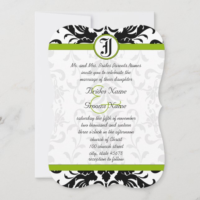 Convite de Casamento Apple Verde e Preto Damask (Frente)