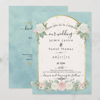 Convite de Casamento Aqua Mint Floral Dourado em A