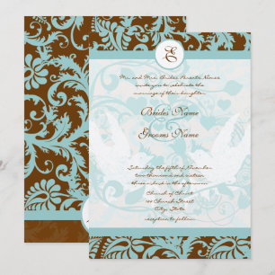 Convite de Casamento Aqua Vintage Birds Damask Mar