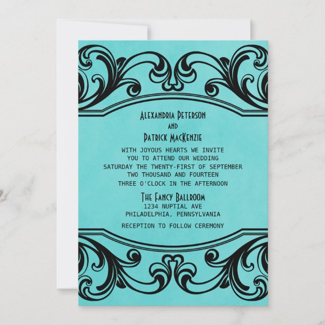 Convite de casamento Aqua Vintage Swirls (Frente)