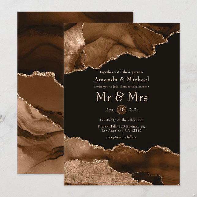 Convite de Casamento Aquarela Ágata Dourada do Des (Frente/Verso)