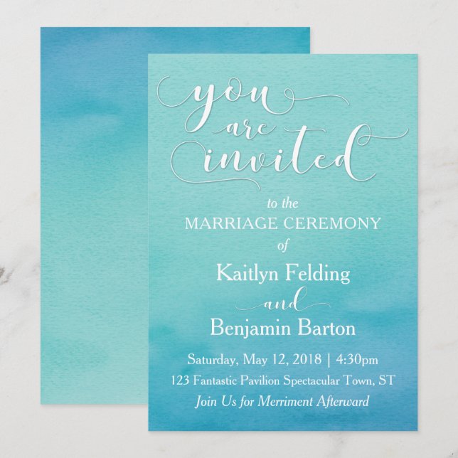 Convite de Casamento Aquarela Azul e Verde "Você É (Frente/Verso)
