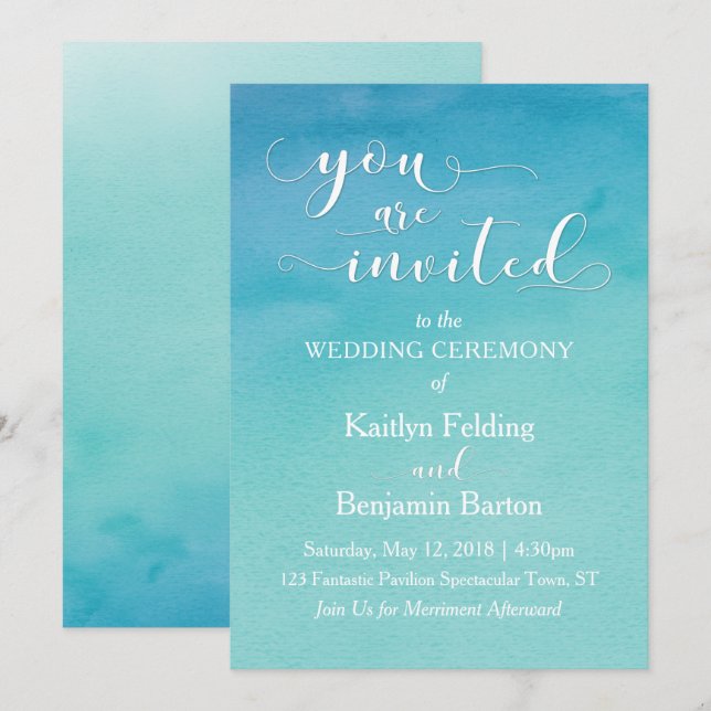 Convite de Casamento Aquarela Azul e Verde Você Es (Frente/Verso)