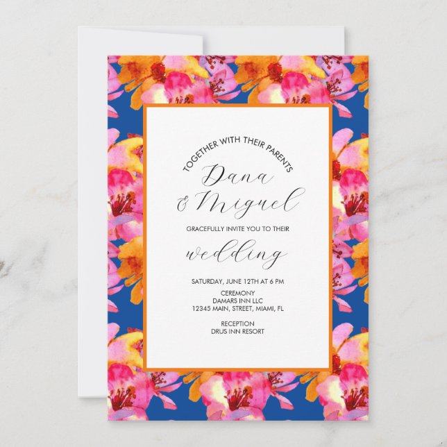 Convite de Casamento Aquarela Azul Florais  (Frente)