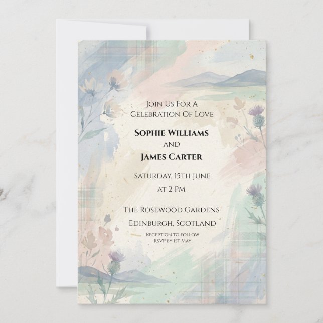 Convite de Casamento Aquarela Azul Pastel Rosa (Frente)