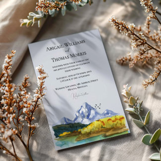 Convite de Casamento Aquarela Azul Rústico Montanh