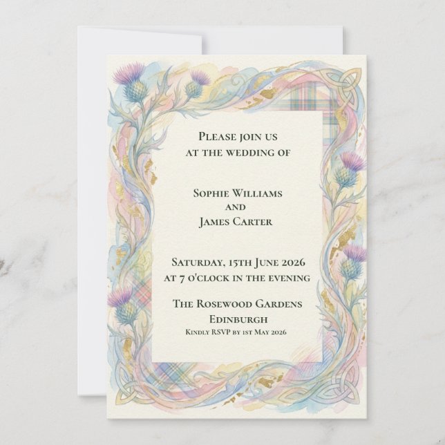 Convite de Casamento Aquarela Cardo Escocês (Frente)
