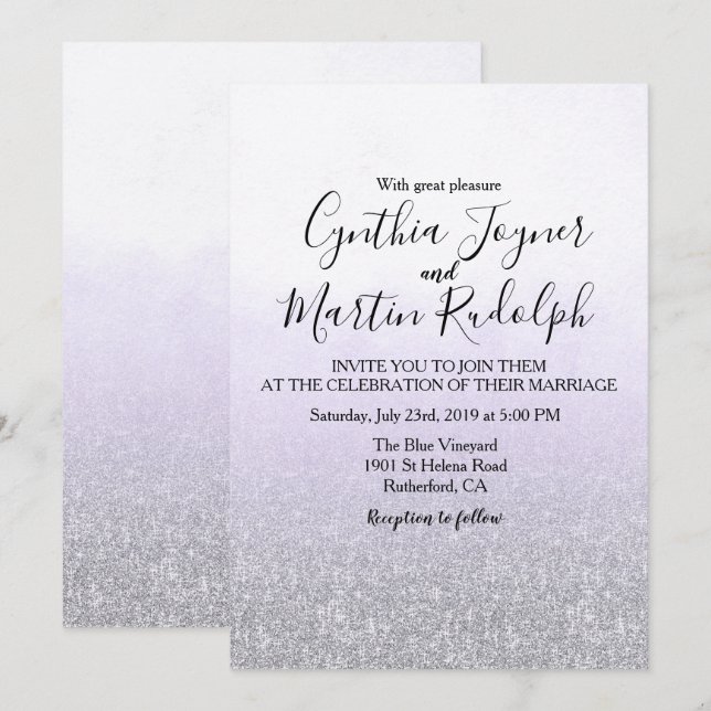 Convite de Casamento Aquarela Cinza Lavanda (Frente/Verso)