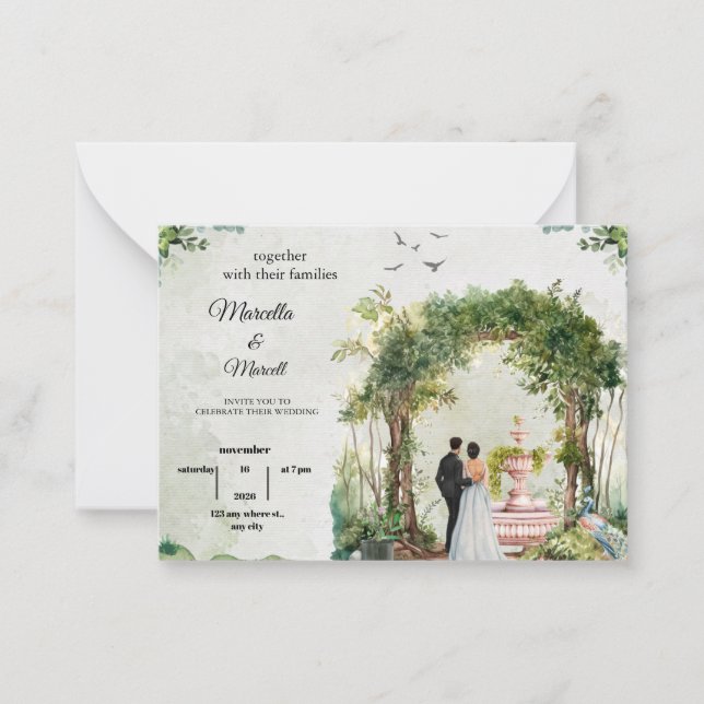 Convite de Casamento Aquarela com Arco de Jardim R (Frente)