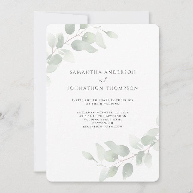 Convite de Casamento Aquarela com Folhagem de Euca (Frente)