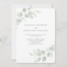 Convite de Casamento Aquarela com Folhagem de Euca