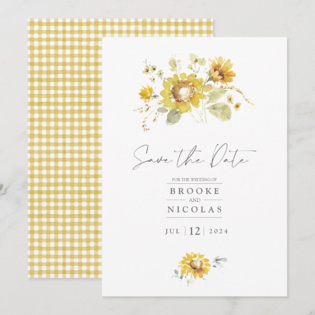 Convite de Casamento Aquarela com Girassóis Amarel (Frente/Verso)