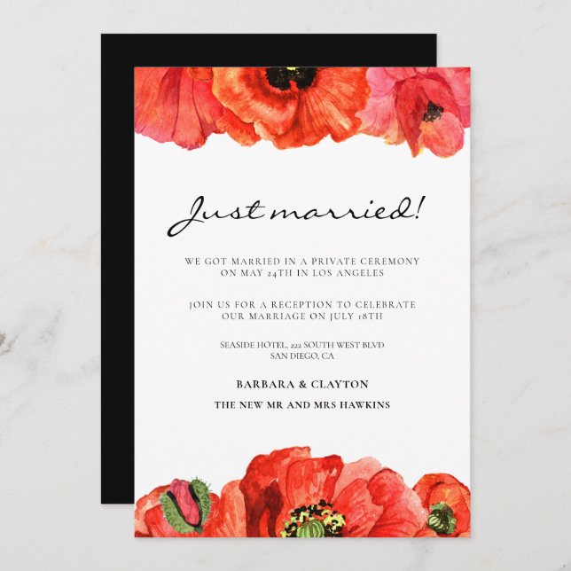 Convite de casamento aquarela com papoulas vermelh (Frente/Verso)