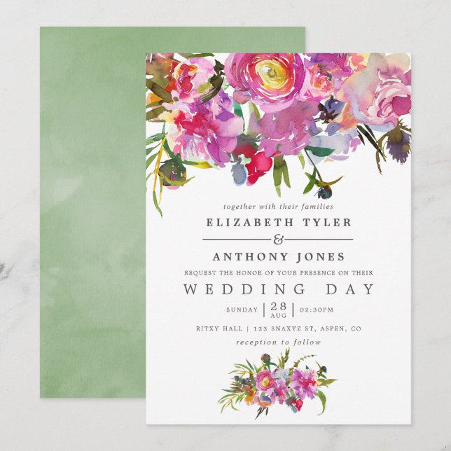 Convite de Casamento Aquarela com Peônias Rosa Ant (Frente/Verso)