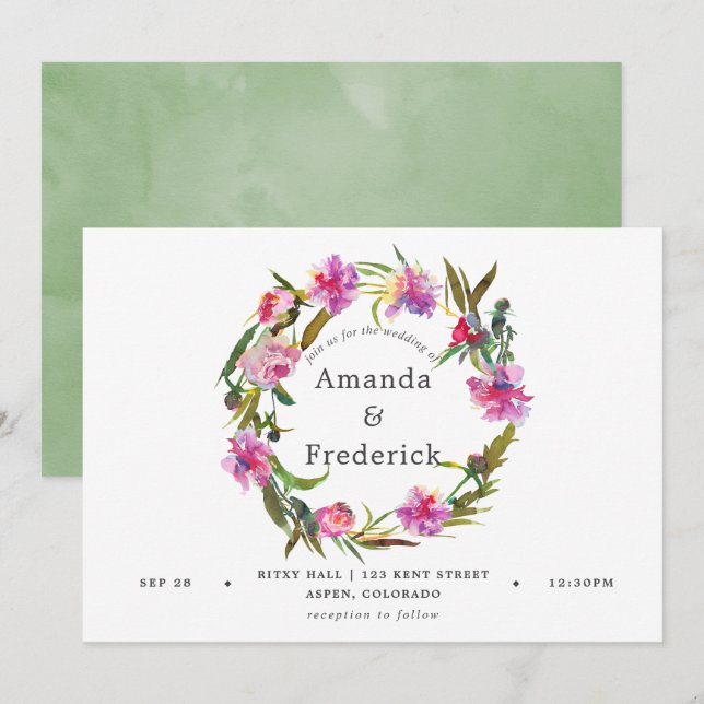 Convite de Casamento Aquarela com Peônias Rosa Ant (Frente/Verso)