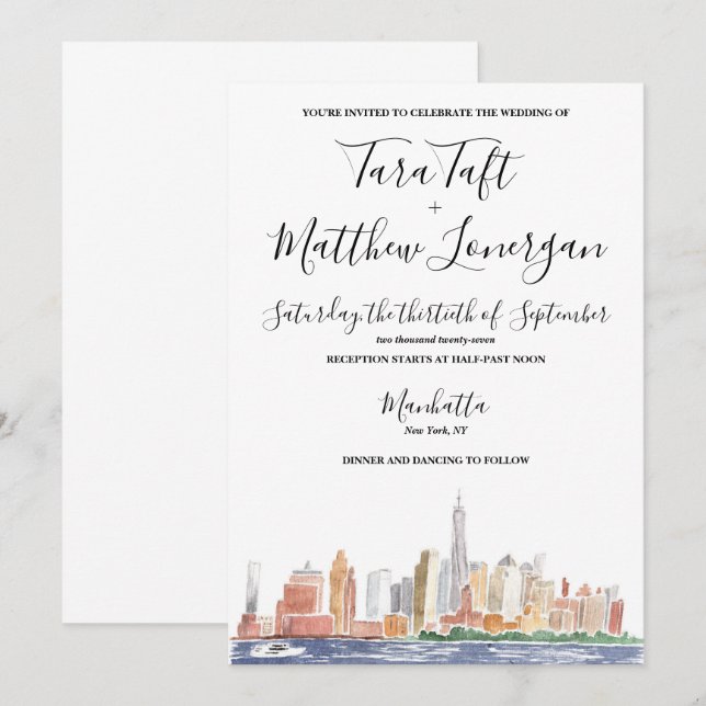 Convite de Casamento Aquarela da Cidade de Nova Yo (Frente/Verso)