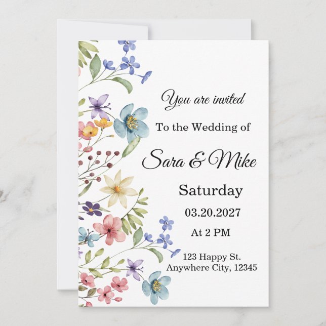 Convite de Casamento Aquarela de Flor Silvestre (Frente)
