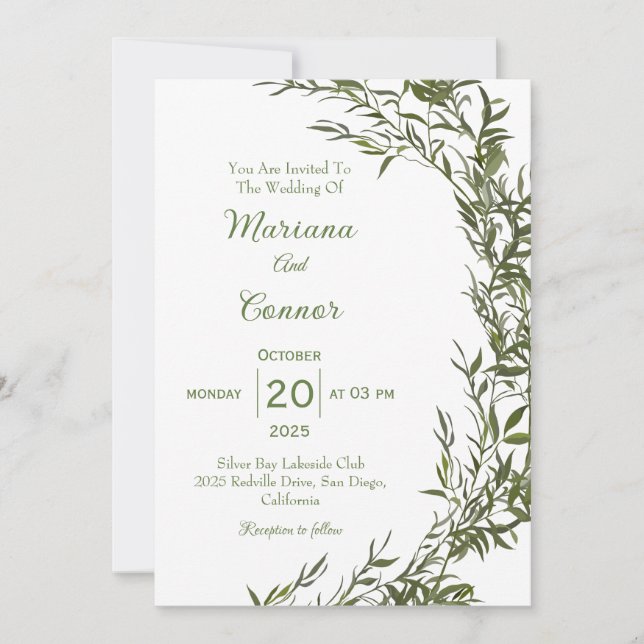Convite de Casamento Aquarela de Folhagem Botânica (Frente)
