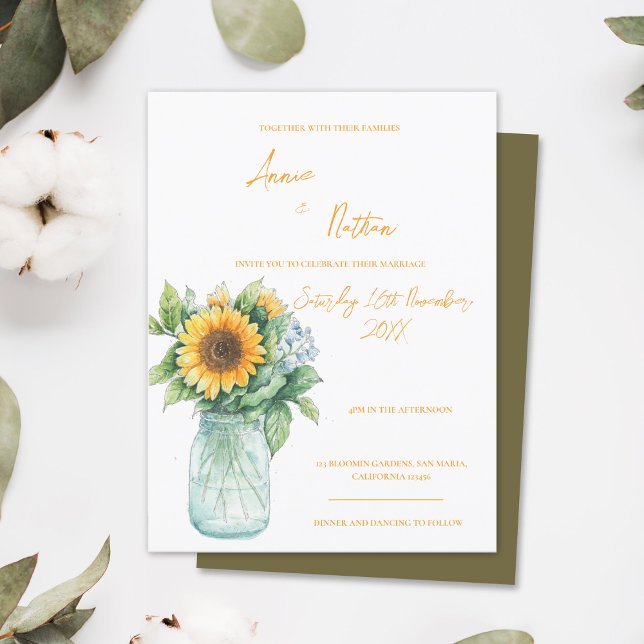 Convite de Casamento Aquarela de Girassóis em Pote (Sunflower Mason Jar Watercolor Wedding Invitation Postcard)