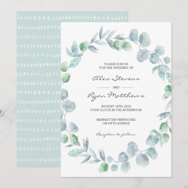 Convite De Casamento | Aquarela de jardim de eucal (Frente/Verso)