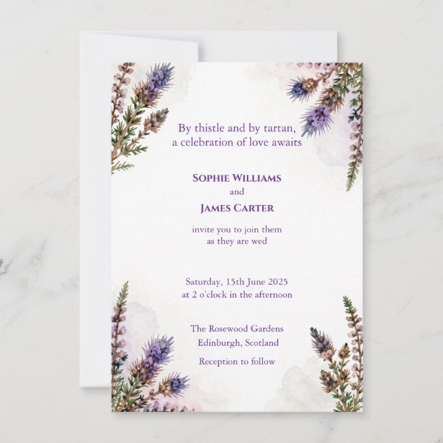 Convite de Casamento Aquarela de Urze com Cardo Es (Frente)