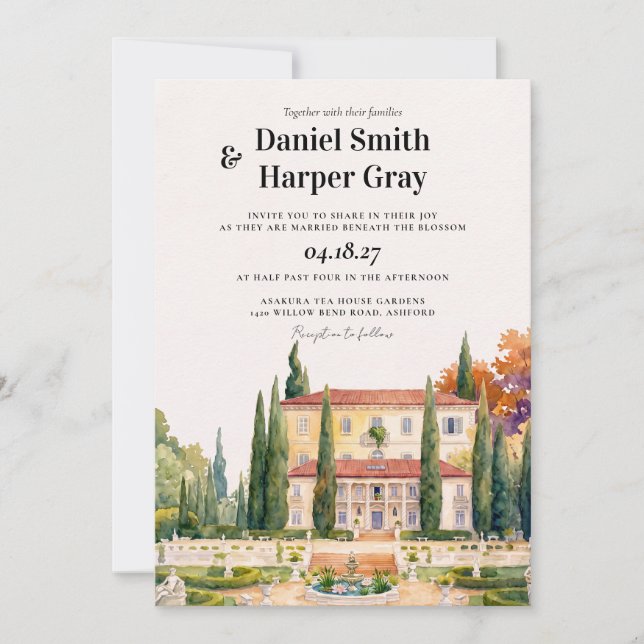 Convite de Casamento Aquarela de Vila Italiana (Frente)