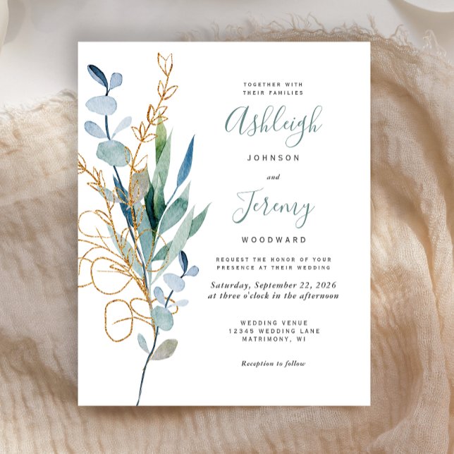 Convite de Casamento Aquarela Dourada Eucalipto Or (Criador carregado)