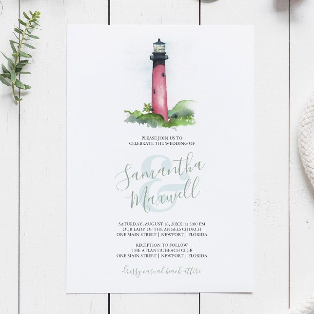 Convite de Casamento Aquarela Farol Costeiro (Beach wedding invitation ocean and lighthouse watercolor art by Victoria Grigaliunas)