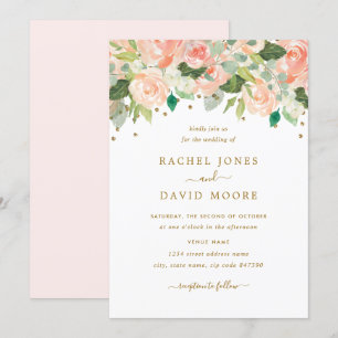 Convite de Casamento Aquarela Floral Rosa Dourado