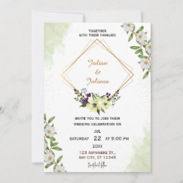 Convite de Casamento Aquarela Floral Verde Branco