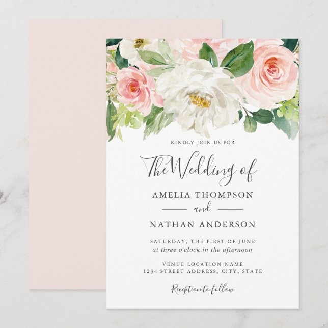 Convite de Casamento Aquarela Flores Rosadas (Frente/Verso)