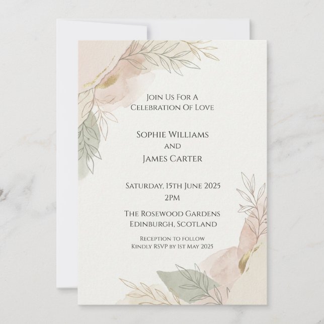 Convite de Casamento Aquarela Folha de Salva (Frente)