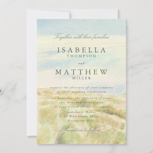 Convite de Casamento Aquarela Grama Dourada (Frente)