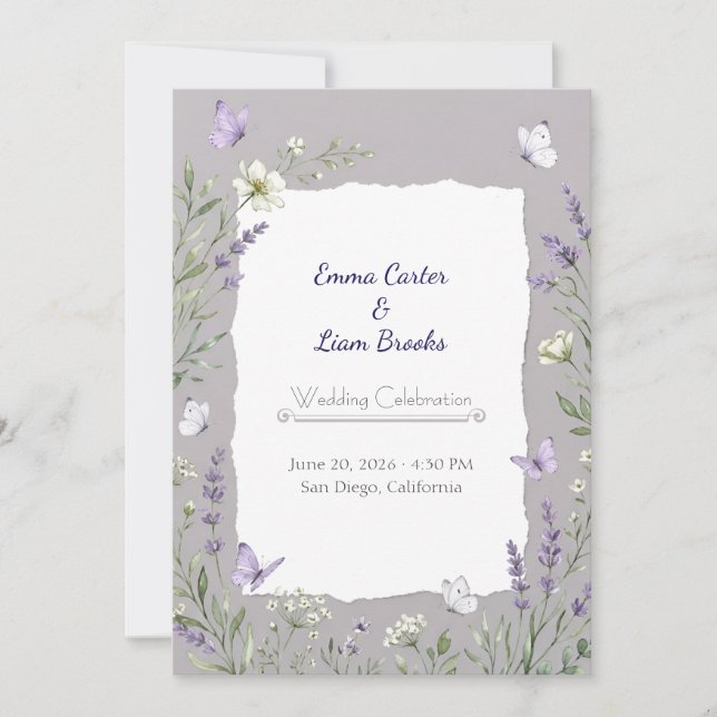 Convite de Casamento Aquarela Lavanda & Borboleta (Frente)