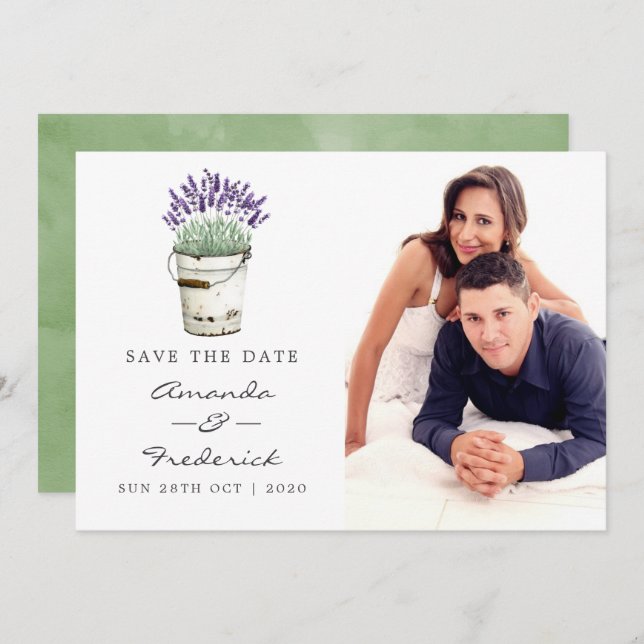 Convite de casamento aquarela Lavanda Save the Dat (Frente/Verso)