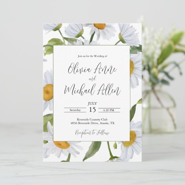 Convite de Casamento Aquarela Margaridas Brancas (Em pé/Frente)
