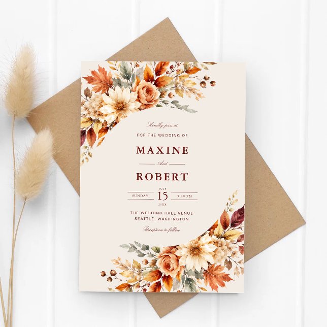 Convite de Casamento Aquarela Outono Folhas Botâni (Fall leaves botanical watercolor invitation adds timeless autumn elegance.)