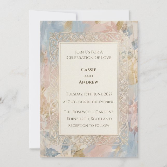 Convite de Casamento Aquarela Pastel Nó Celta Dour (Frente)