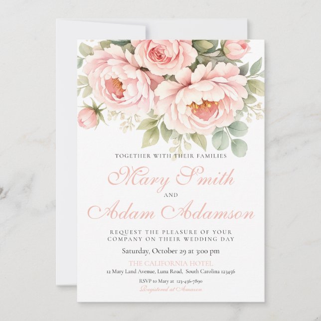 Convite de Casamento Aquarela Peônia Rosa (Frente)