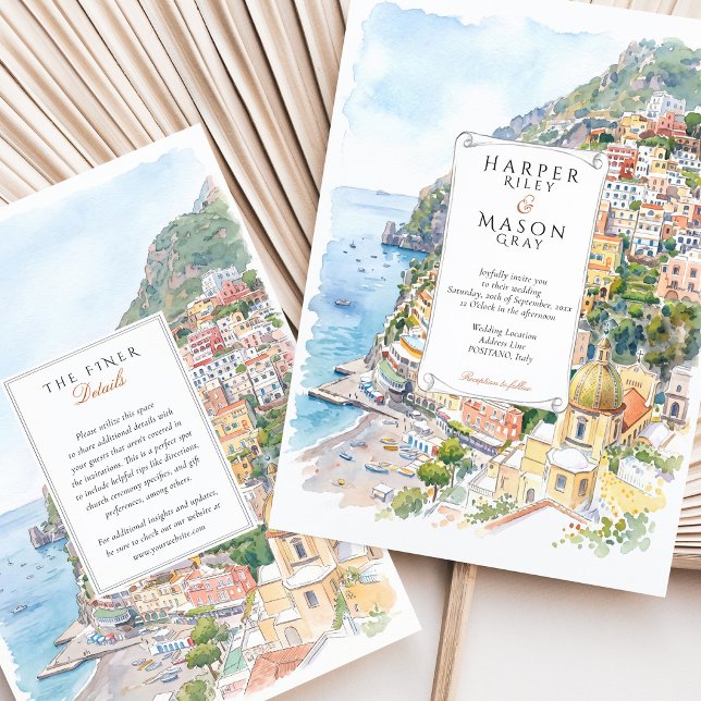 Convite de Casamento Aquarela Positano Costa Amalf (Criador carregado)
