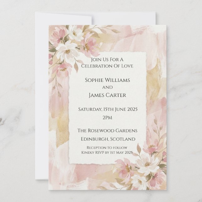 Convite de Casamento Aquarela Rosa Blush Daisy (Frente)