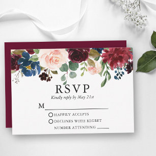 Convite de Casamento Aquarela Rosa Burgundy Azul F