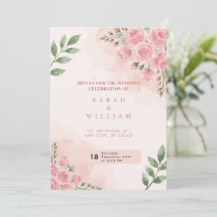 Convite de Casamento Aquarela Rosa Cor-de-Rosa
