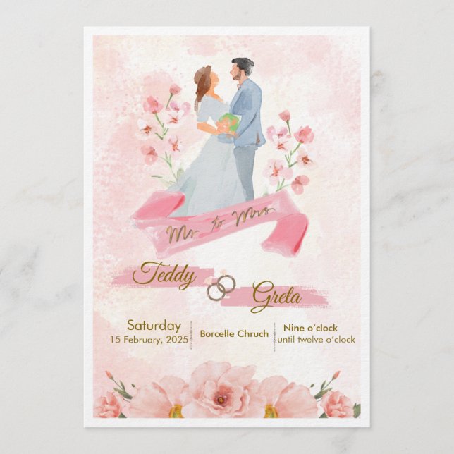 Convite de Casamento Aquarela Rosa e Creme (Frente)