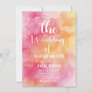 Convite de Casamento Aquarela Rosa Quente e Laranj