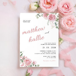 Convite de Casamento Aquarela Rosa Rosa Eucalipto