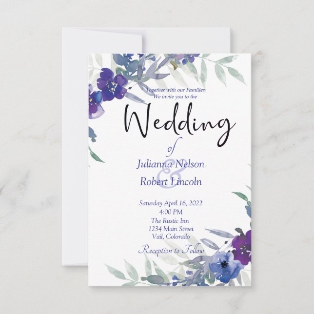 Convite de casamento aquarela roxo e azul (Frente)