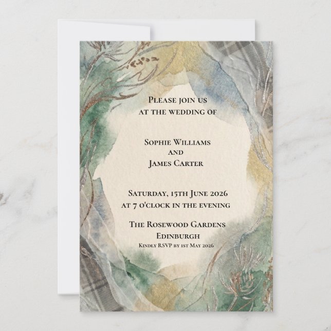 Convite de Casamento Aquarela Sage Gold (Frente)